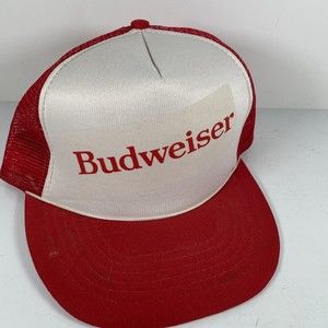 Vintage Budweiser Trucker Hat Snap Back Red White Mesh Foam Cap Spell Out Nylon